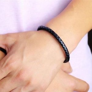 Stainless Steel Black Braid Leather Men's Bracelet